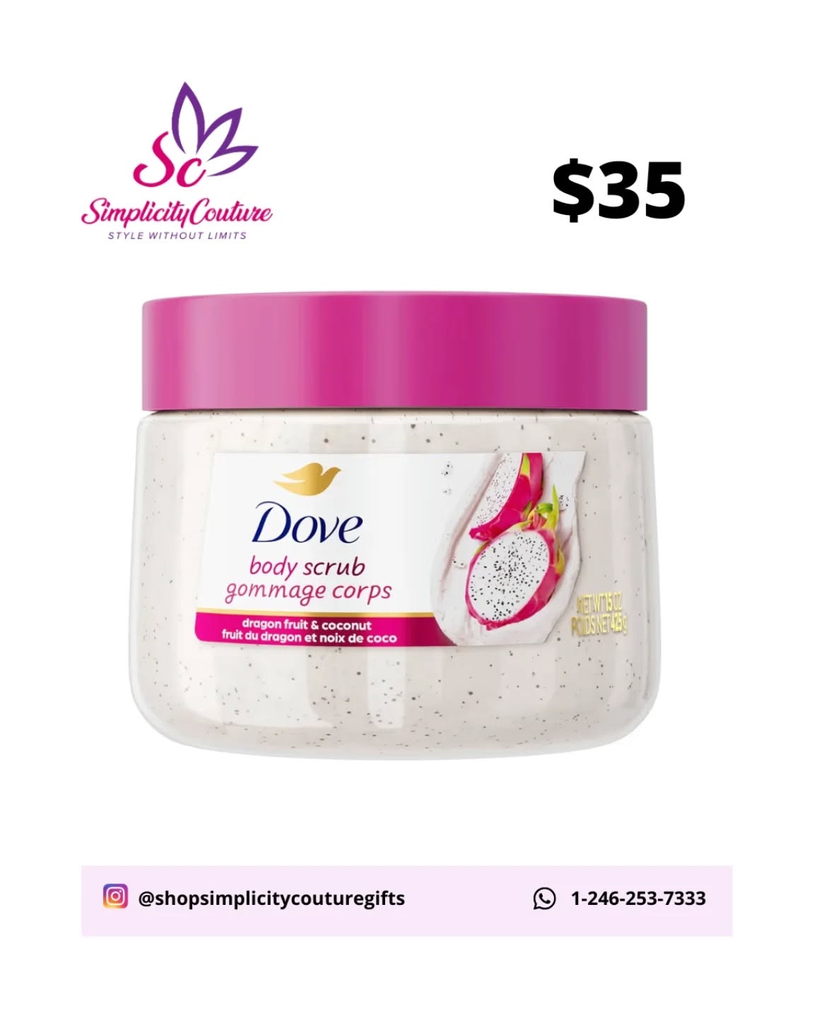 Dove Pink Body Scrub Dragon Fruit & Coconut Cream, 15 oz