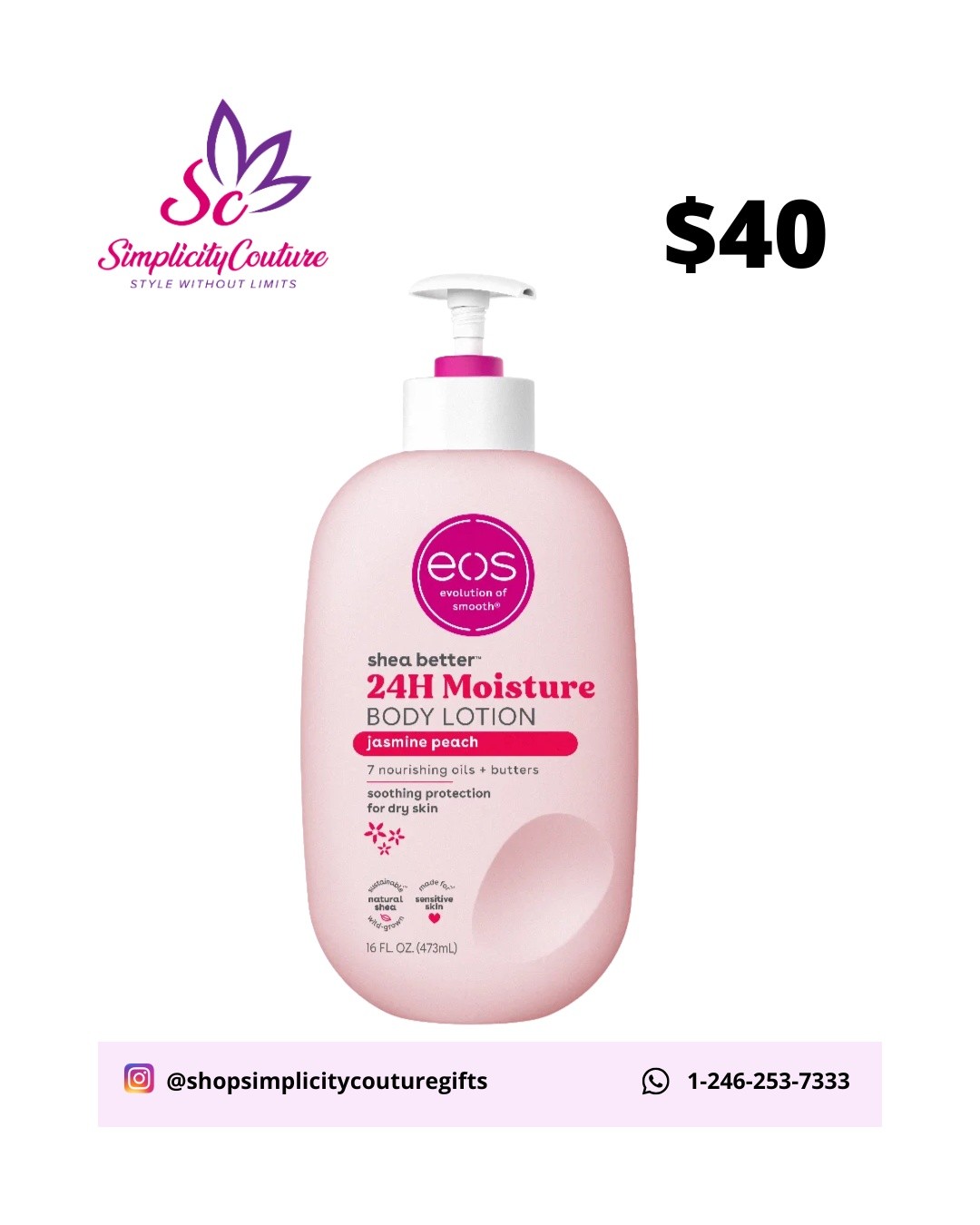 Pink EOS Body Lotion Jasmine Peach 16 FL OZ