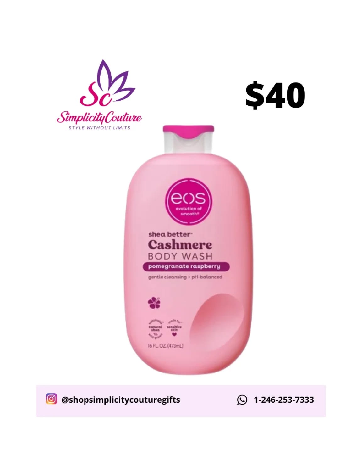 Pink EOS Shea Better Cashmere Body Wash Pomegranate Raspberry, 16 fl oz