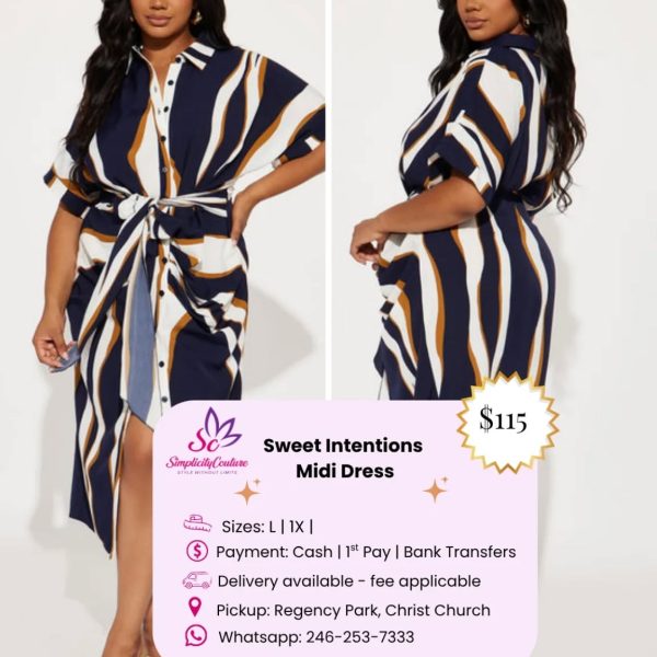 Simplicity Couture Navy Blue Women's Striped Tie-Waist Midi Dress